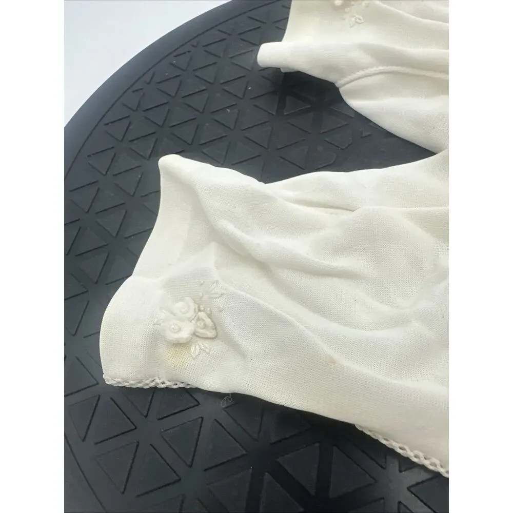 VTG Dress Gloves Little Girl Stretch Nylon Beige White w/ Flowers Small